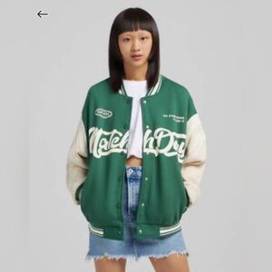 Bershka MatchDay Varsity Jacket in Green and Cream